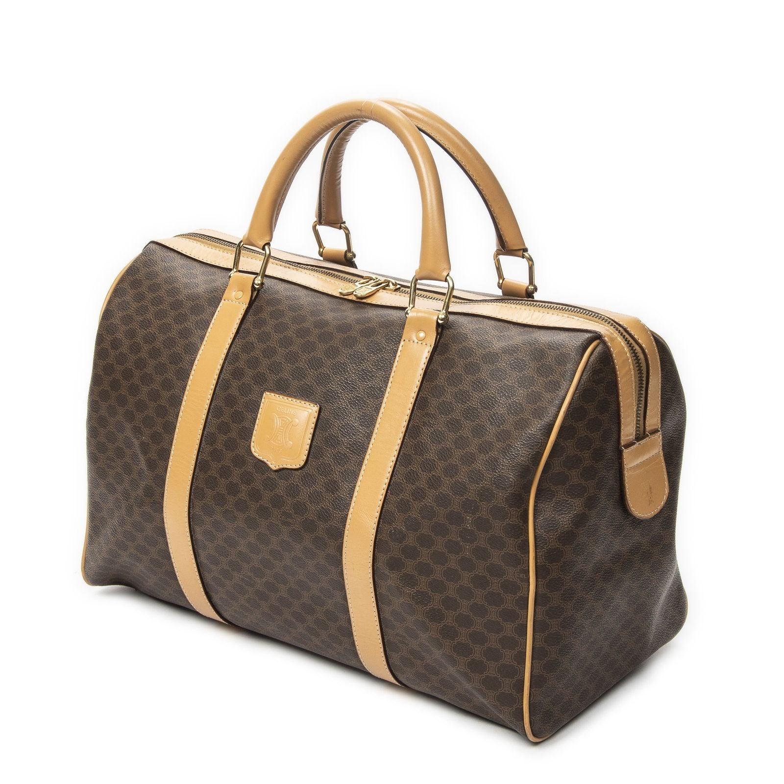 Celine Vintage Travel Boston Beige Brown Macadam Canvas Shoulder — view 2