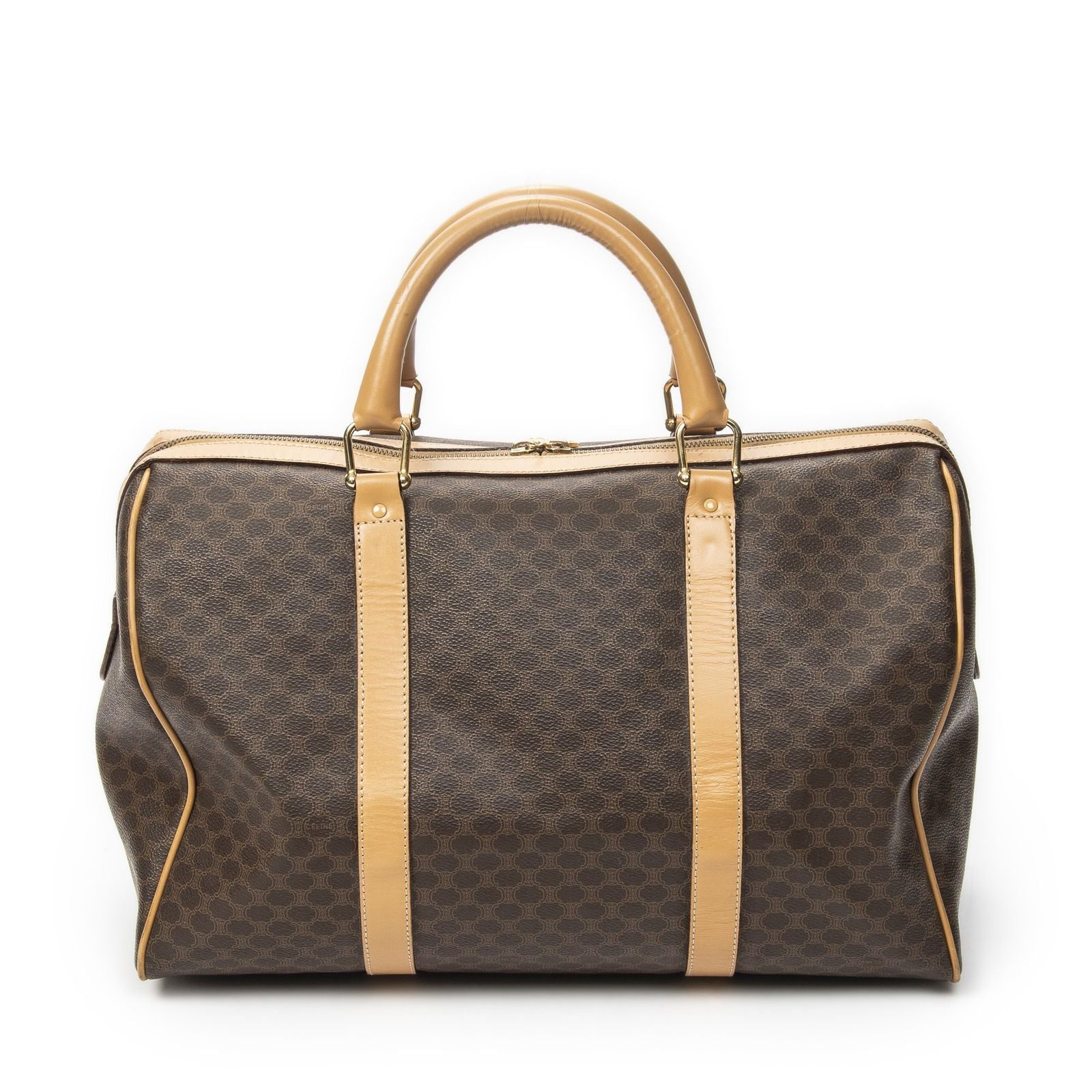 Celine Vintage Travel Boston Beige Brown Macadam Canvas Shoulder — view 5