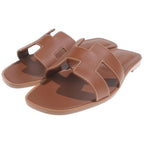 Hermes Oran Logo Leather Flat Sandals Shoes Brown — view 2