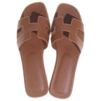 Hermes Oran Logo Leather Flat Sandals Shoes Brown — view 4