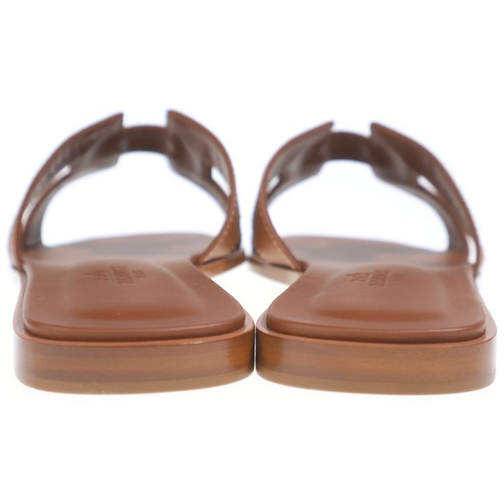Hermes Oran Logo Leather Flat Sandals Shoes Brown — view 3