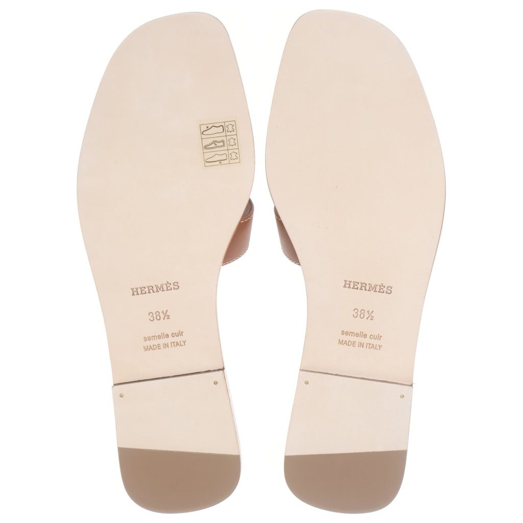 Hermes Oran Logo Leather Flat Sandals Shoes Brown — view 5