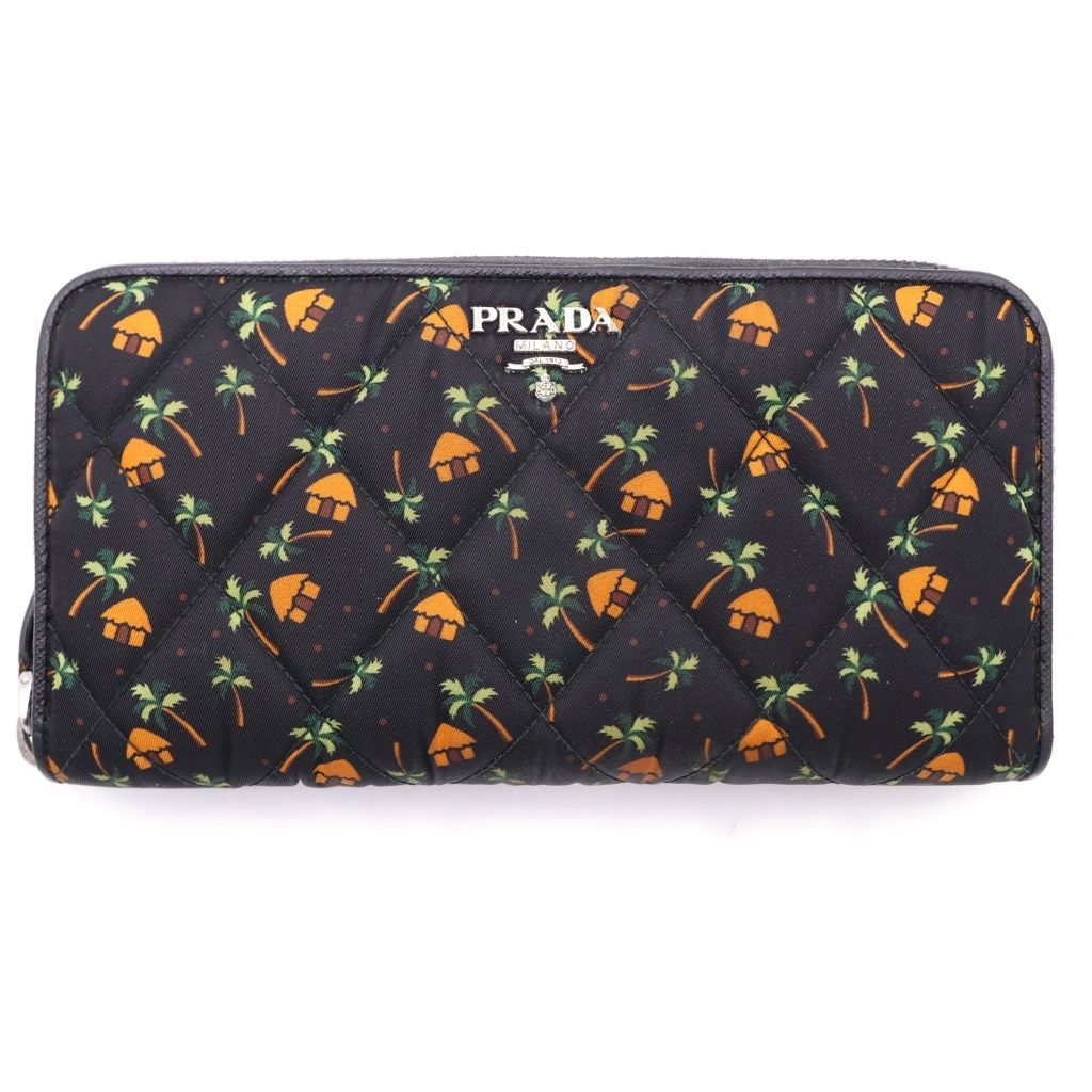 Prada Saffiano All Over Tropical Pattern Quilted Ground Round Zip Wallet Black