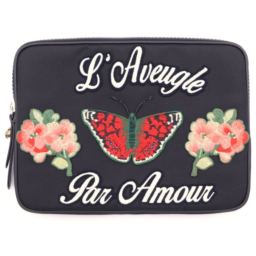 Gucci Butterfly Flower Patch Zip Clutch Pouch Black