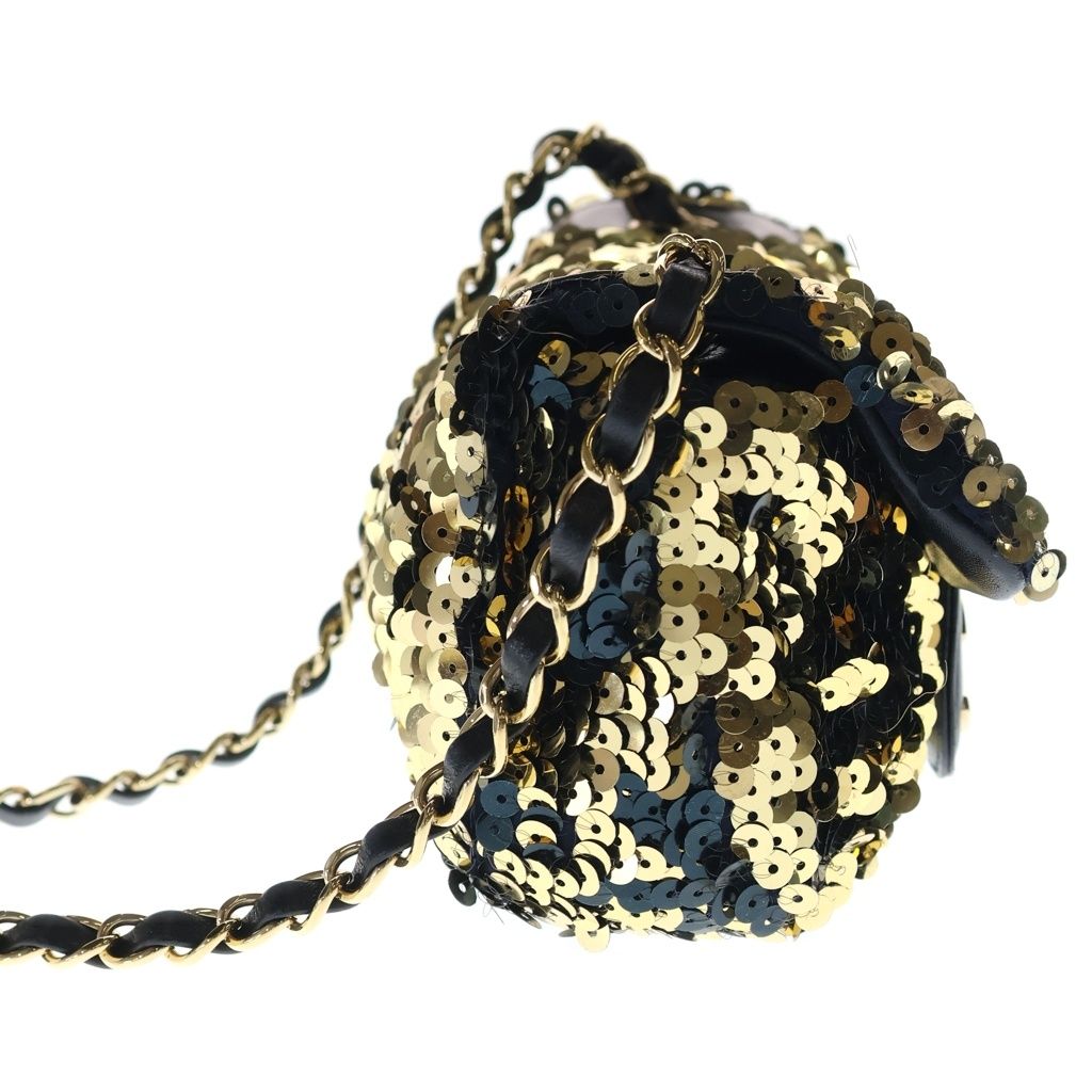 Chanel Sequin Chain Shoulder Bag Flap CC Logo Leather Gold Black — view 3