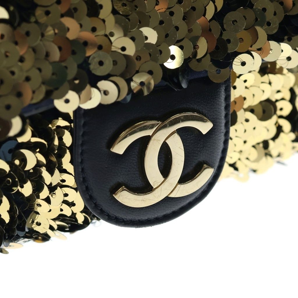 Chanel Sequin Chain Shoulder Bag Flap CC Logo Leather Gold Black — view 6