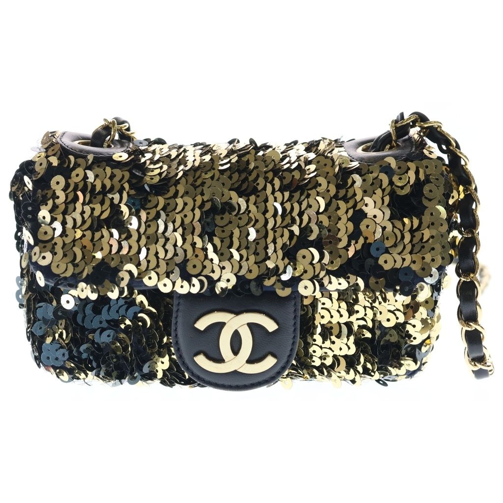 Chanel Sequin Chain Shoulder Bag Flap CC Logo Leather Gold Black