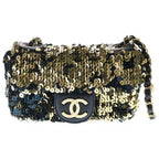 Chanel Sequin Chain Shoulder Bag Flap CC Logo Leather Gold Black