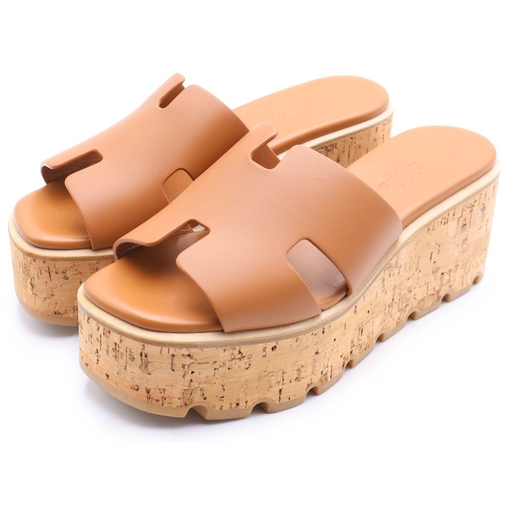 Hermes Ezu Logo Platform Sandals Shoes Brown — view 2