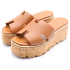 Hermes Ezu Logo Platform Sandals Shoes Brown — view 2