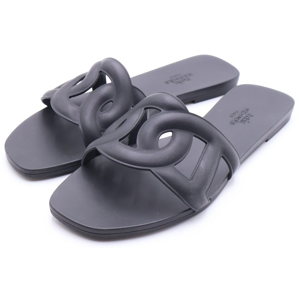 Hermes Aloha Rubber Flat Sandals Shoes Black — view 2