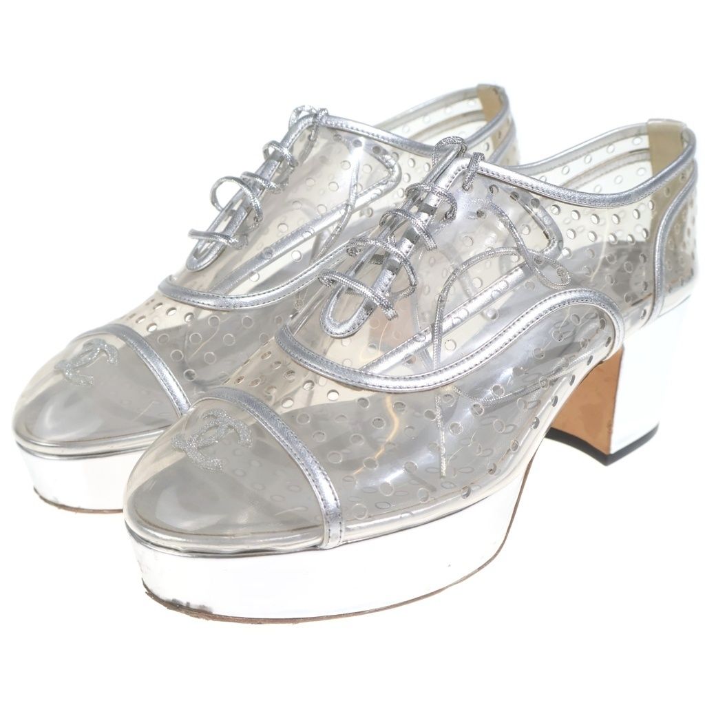 Chanel Runway Camellia Clear Lace Up Sandals Silver — view 2