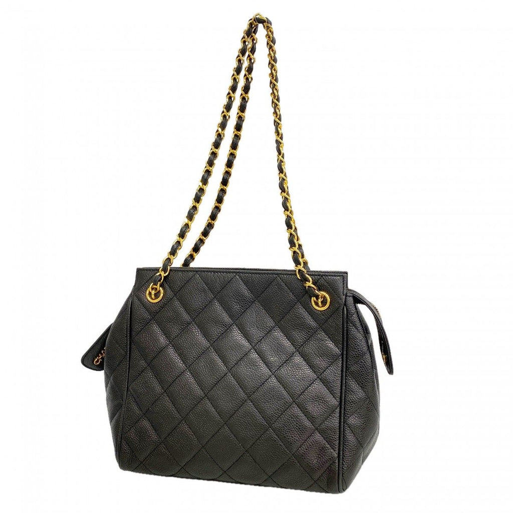 Chanel Shoulder Bag Quilted Caviar Leather Black Gold