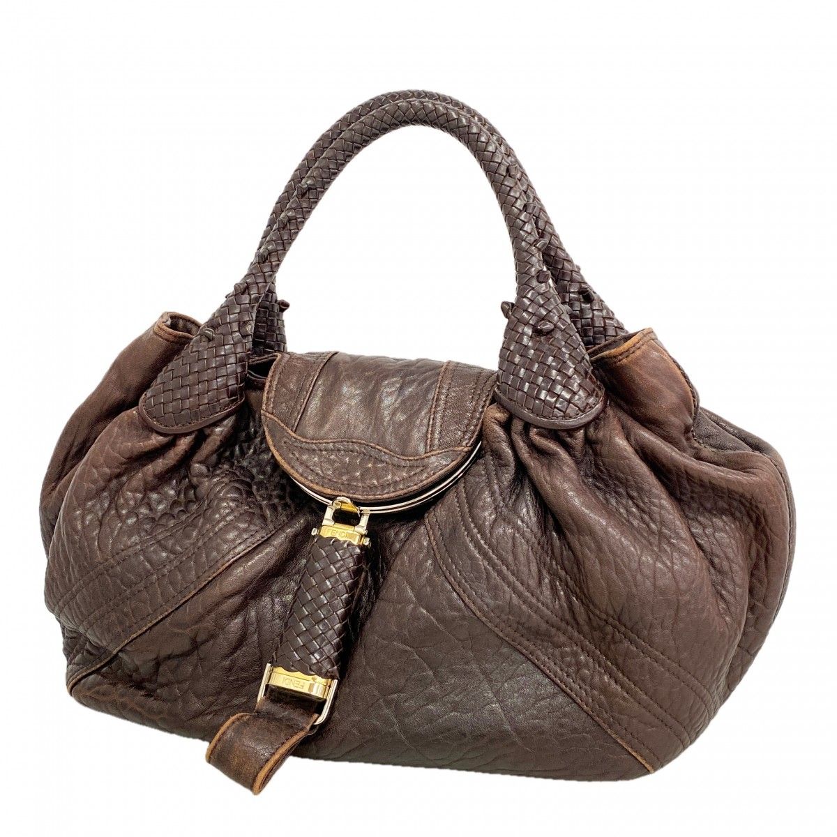 Fendi Handbag Spy Bag Leather Brown Gold Silver