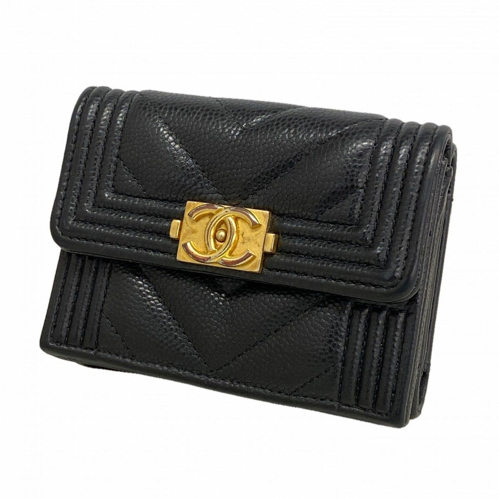 Chanel Trifold Wallet Boy Caviar Leather Black Gold
