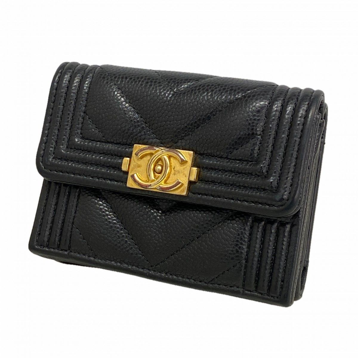 Chanel Trifold Wallet Boy Caviar Leather Black Gold