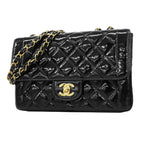 Chanel Shoulder Bag Quilted Patent Leather Black Gold