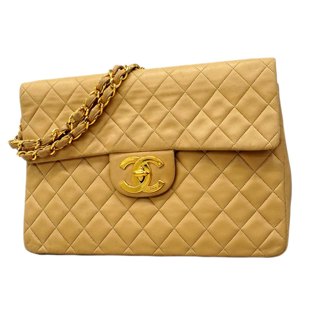 Chanel Shoulder Bag Deca Quilted Lambskin Beige Gold