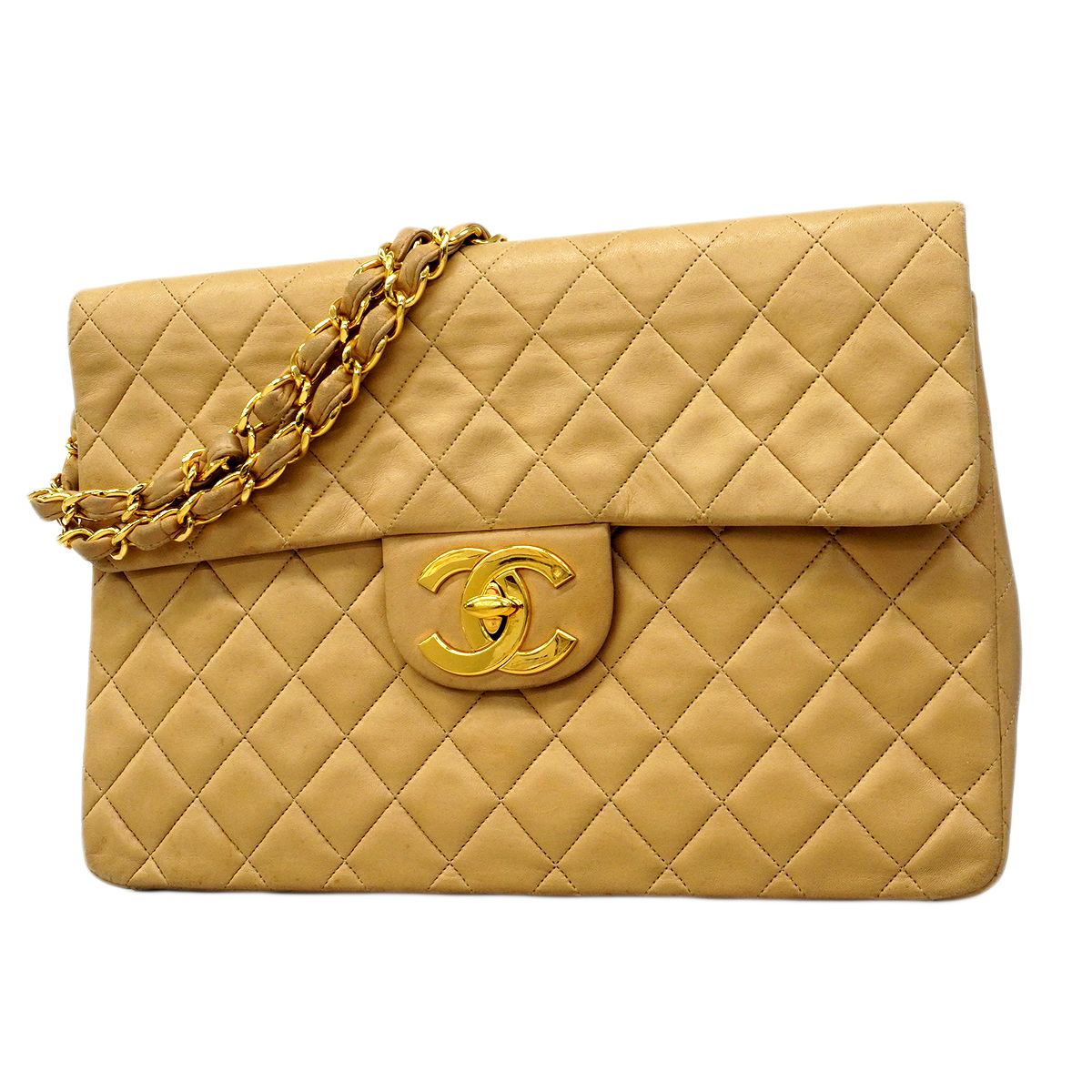 Chanel Shoulder Bag Deca Quilted Lambskin Beige Gold