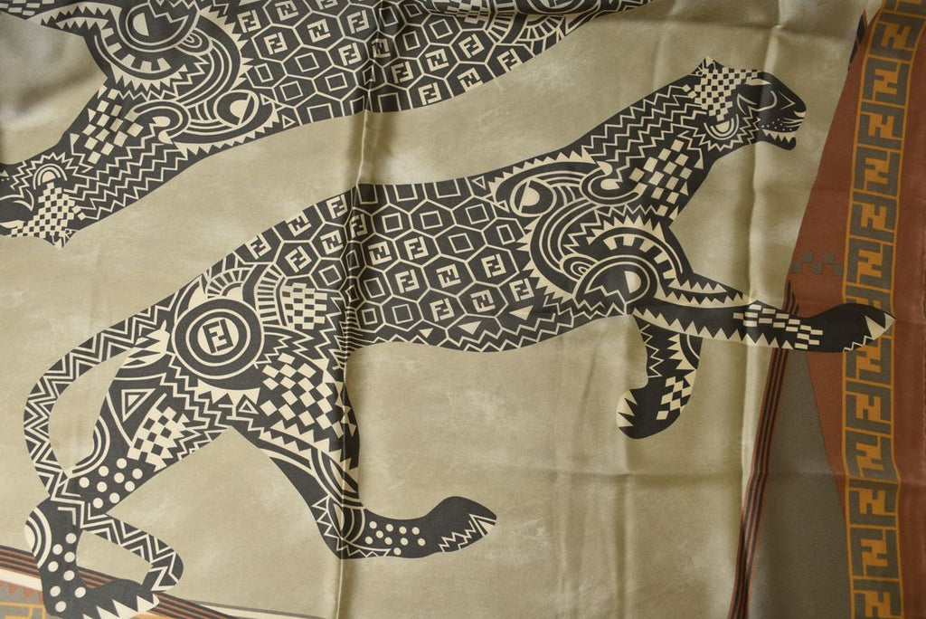 Fendi Scarf Silk Twill Vintage FF Leopard Print Brown Khaki — view 9