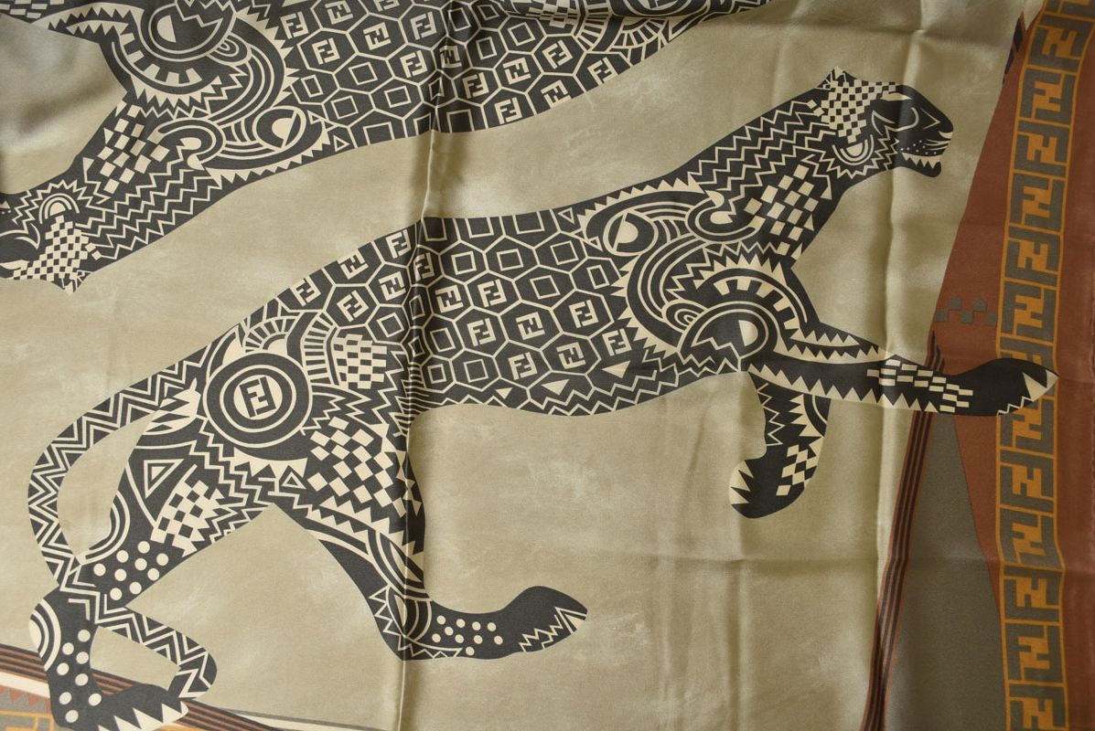 Fendi Scarf Silk Twill Vintage FF Leopard Print Brown Khaki — view 9