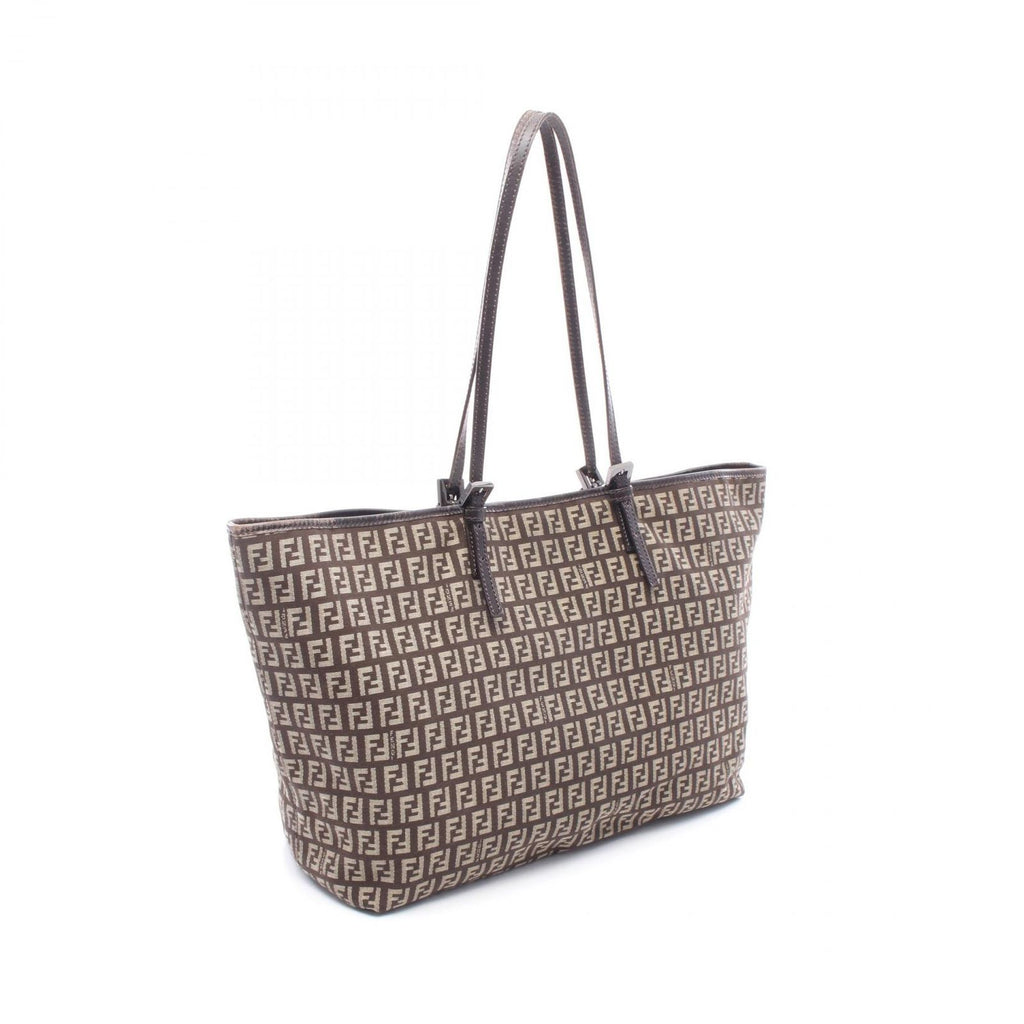 Fendi Tote Zucchino Beige Dark Brown Canvas Leather — view 2