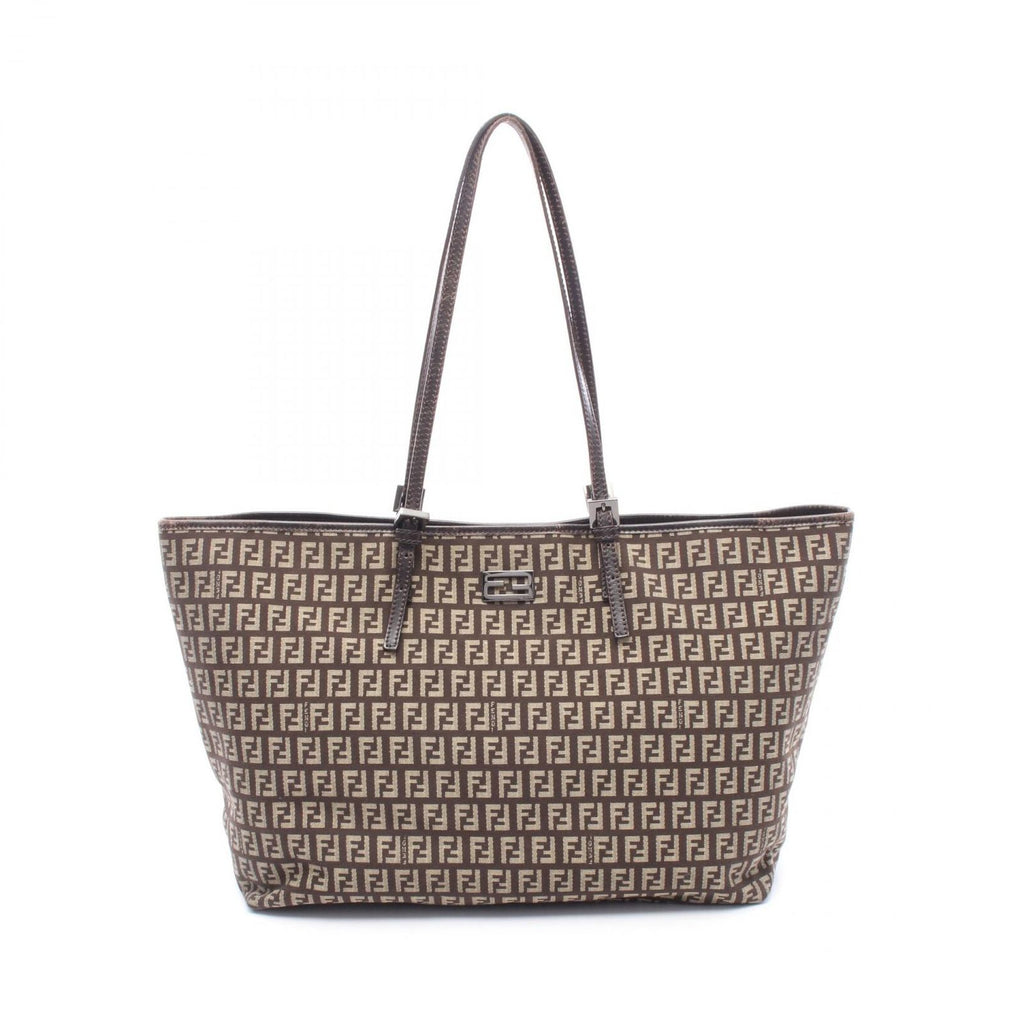 Fendi Tote Zucchino Beige Dark Brown Canvas Leather