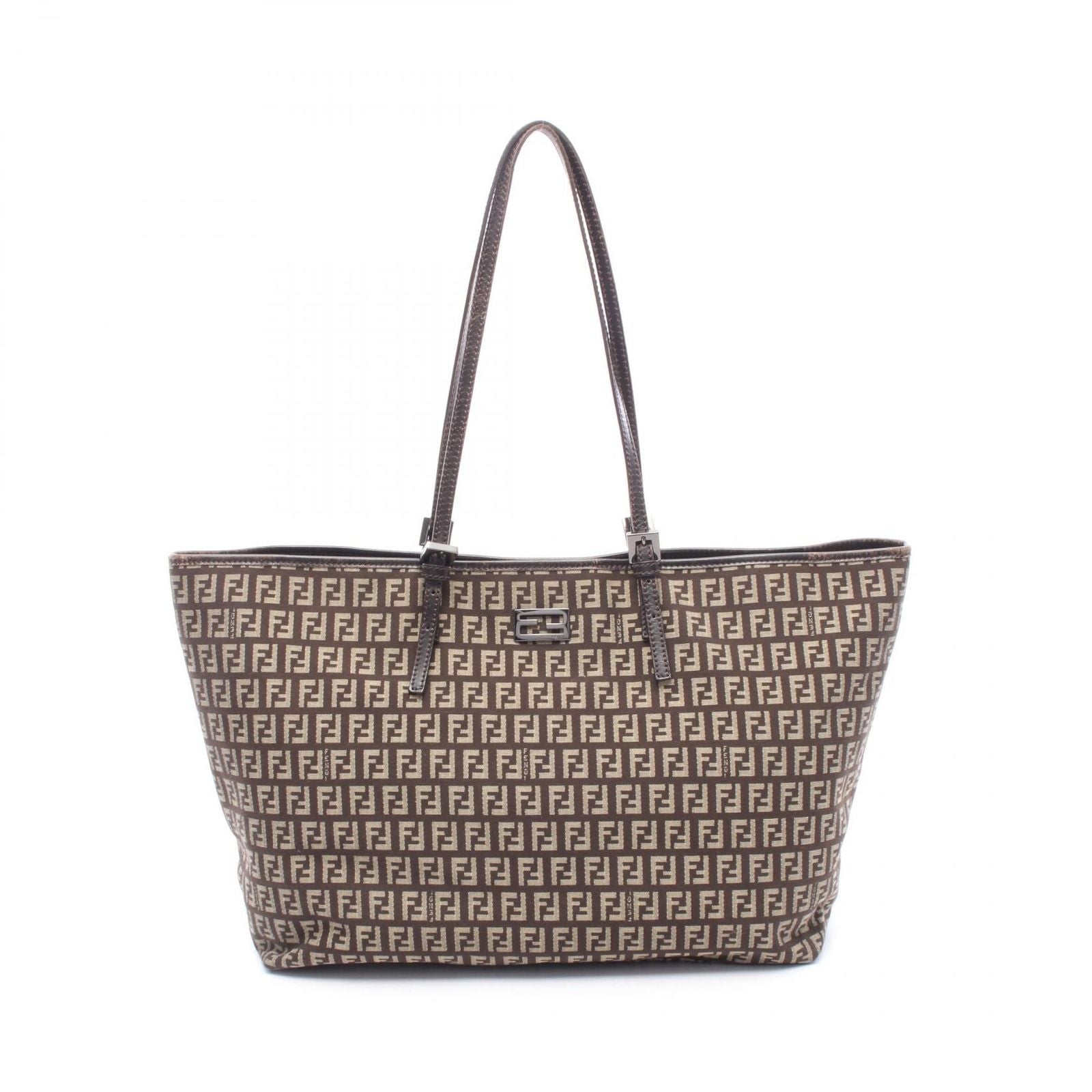 Fendi Tote Zucchino Beige Dark Brown Canvas Leather