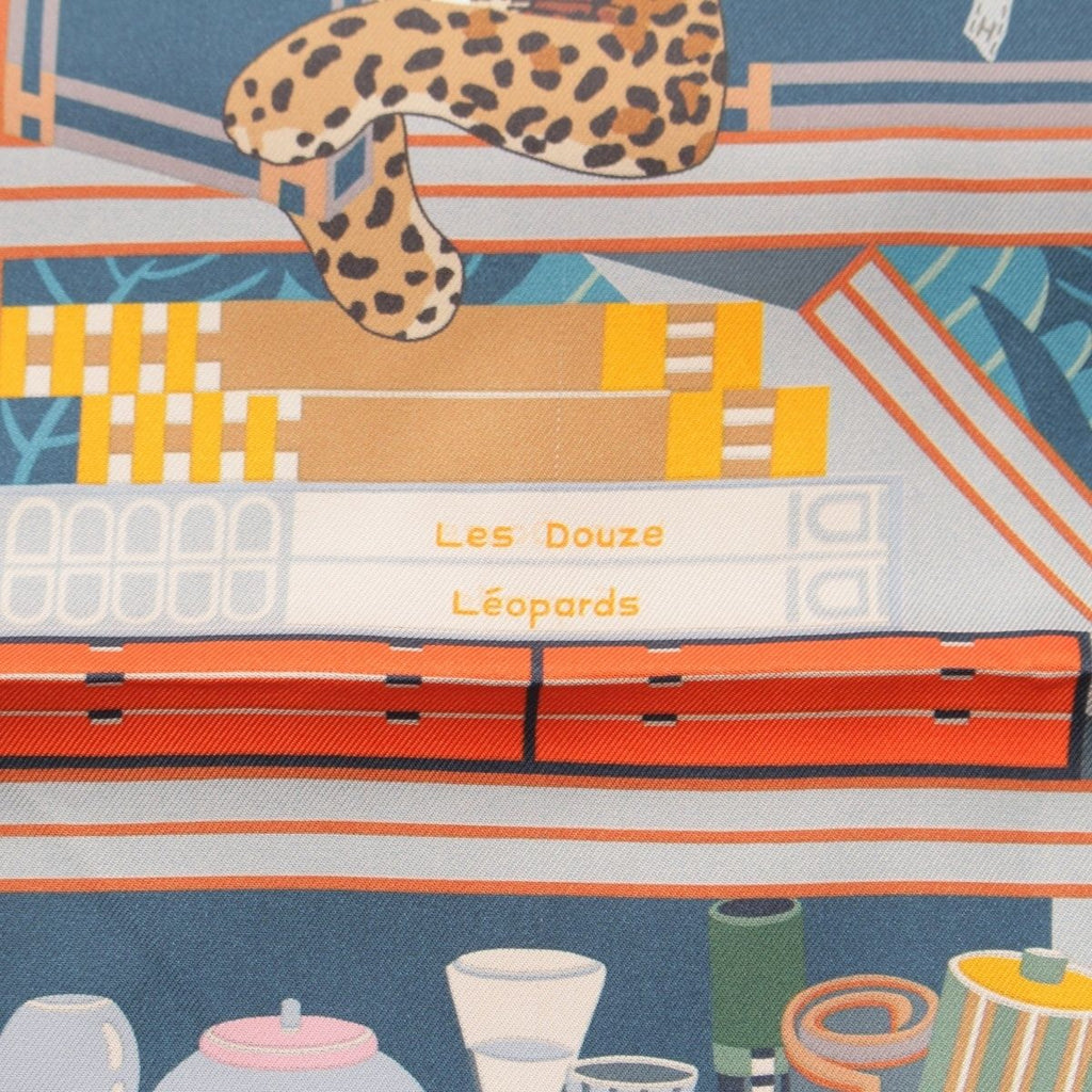 Hermes Carre 90 Silk Double Face les Douze Leopards 12 Scarf Orange Blue — view 7