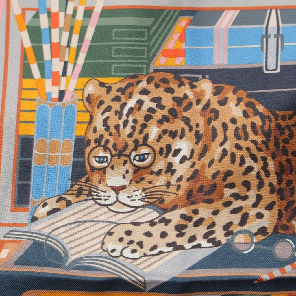 Hermes Carre 90 Silk Double Face les Douze Leopards 12 Scarf Orange Blue — view 8