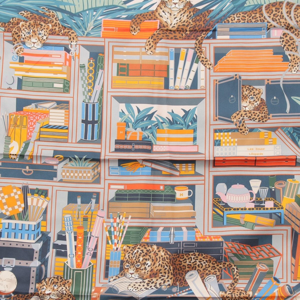 Hermes Carre 90 Silk Double Face les Douze Leopards 12 Scarf Orange Blue — view 6