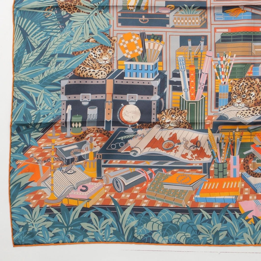Hermes Carre 90 Silk Double Face les Douze Leopards 12 Scarf Orange Blue — view 4