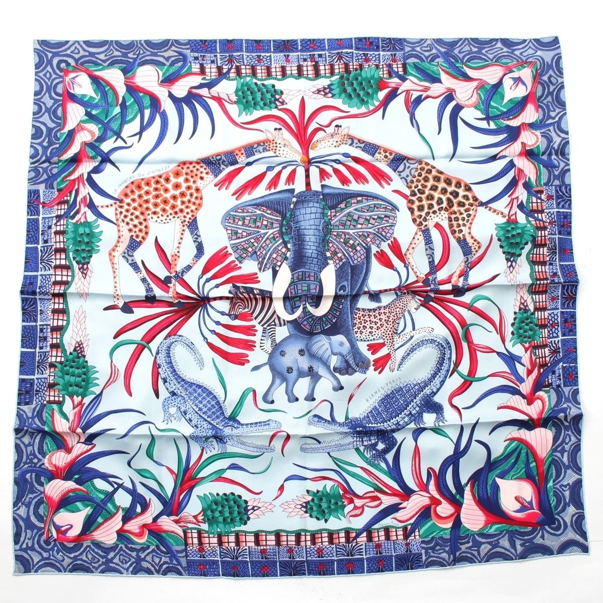 Hermes Carre 90 la Marche du Zambeze on the Zambezi Silk Scarf Blue