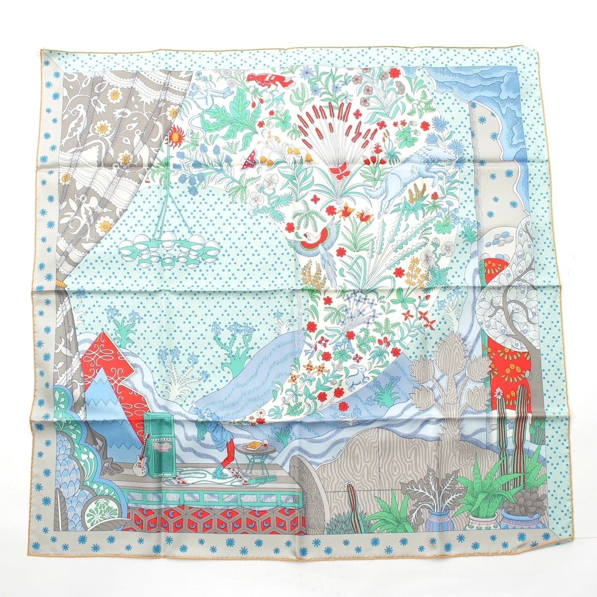 Hermes Carre 90 Silk le Premier Chant Song of Beginnings Scarf Blue Multicolor