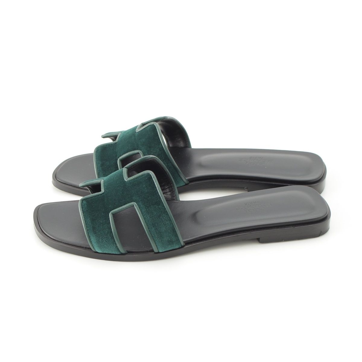 Hermes Oran Leather Velvet Motif Sandals Moss Green — view 3