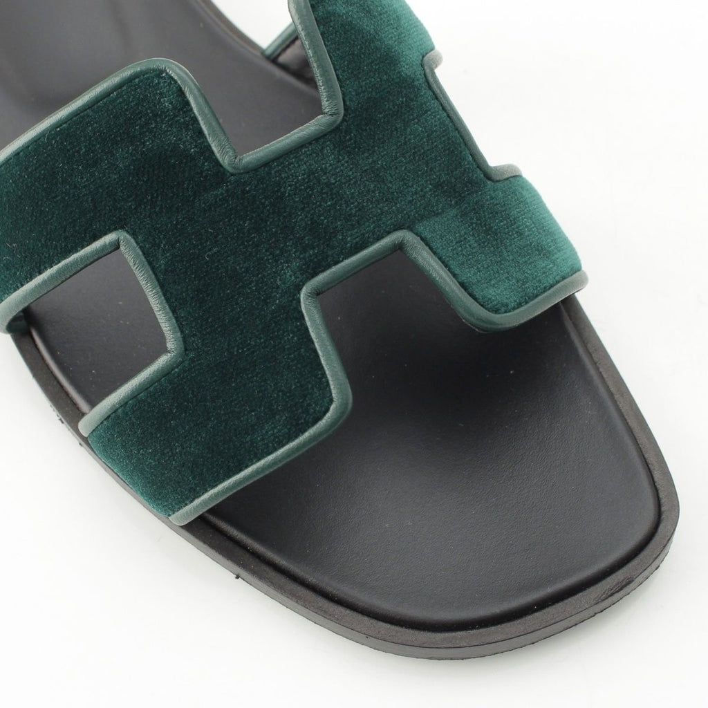 Hermes Oran Leather Velvet Motif Sandals Moss Green — view 6