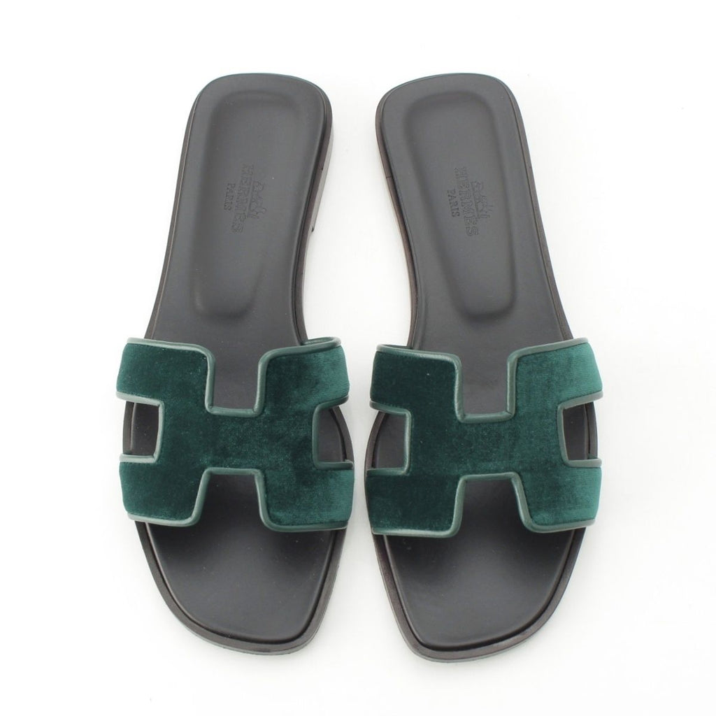 Hermes Oran Leather Velvet Motif Sandals Moss Green — view 2