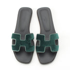 Hermes Oran Leather Velvet Motif Sandals Moss Green — view 2