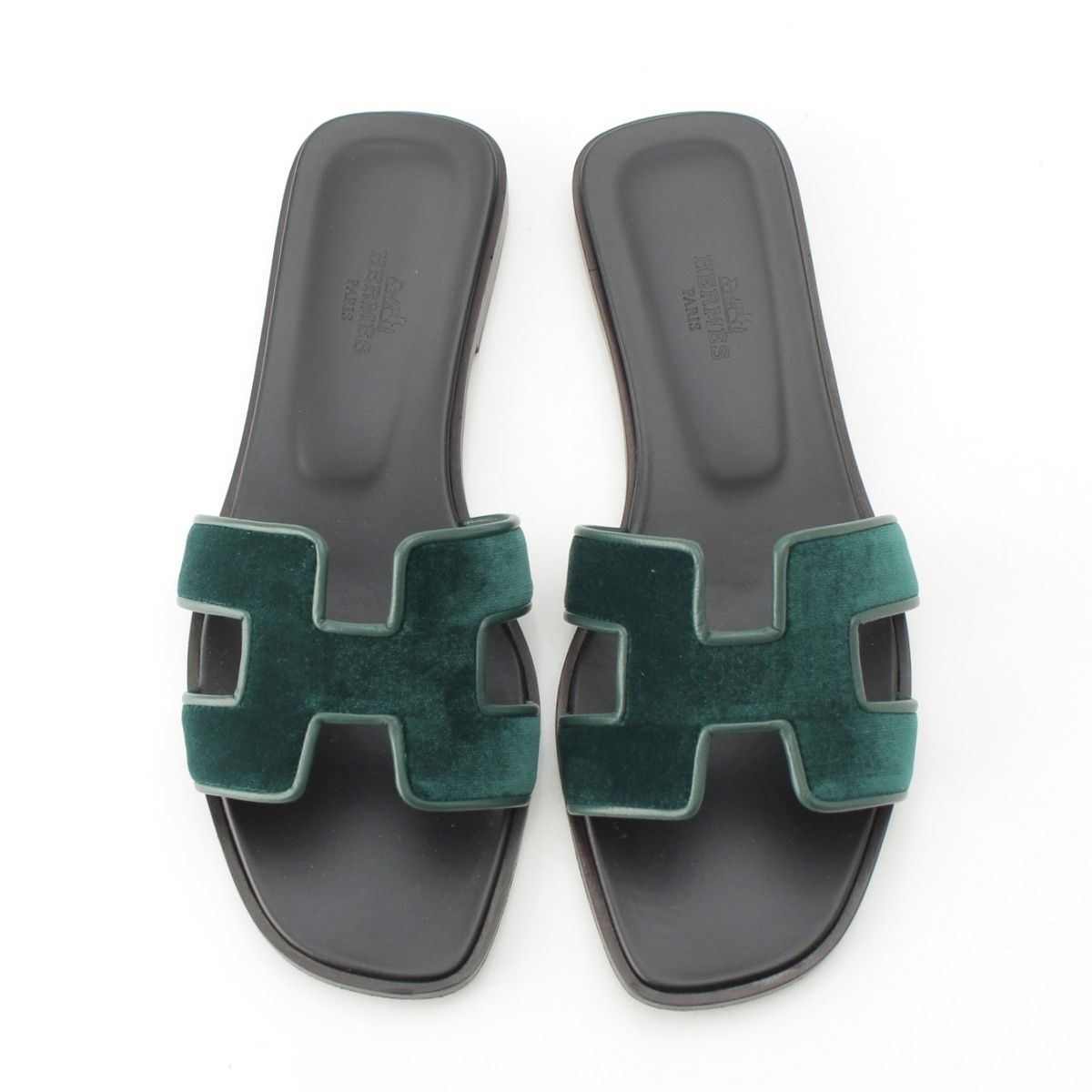 Hermes Oran Leather Velvet Motif Sandals Moss Green — view 2