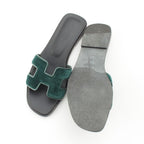 Hermes Oran Leather Velvet Motif Sandals Moss Green — view 5
