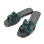 Hermes Oran Leather Velvet Motif Sandals Moss Green