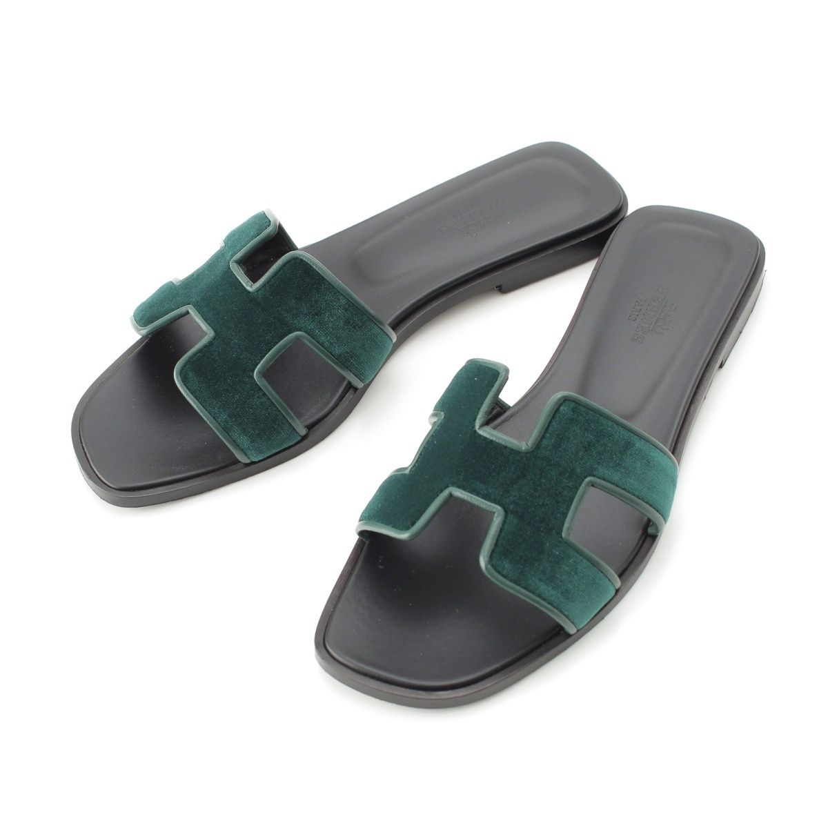 Hermes Oran Leather Velvet Motif Sandals Moss Green