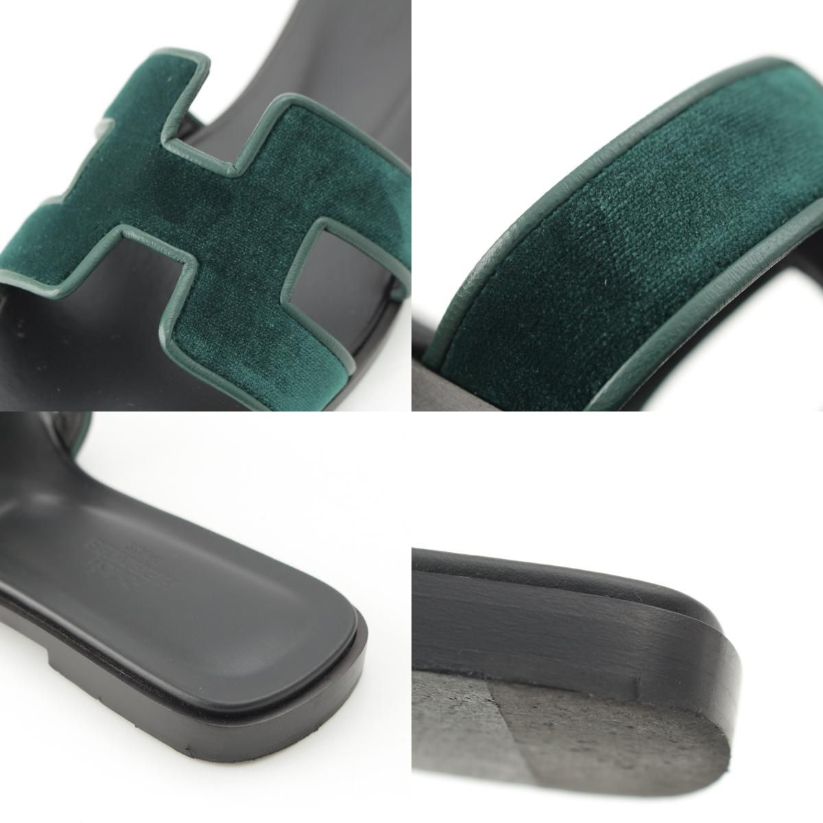 Hermes Oran Leather Velvet Motif Sandals Moss Green — view 9