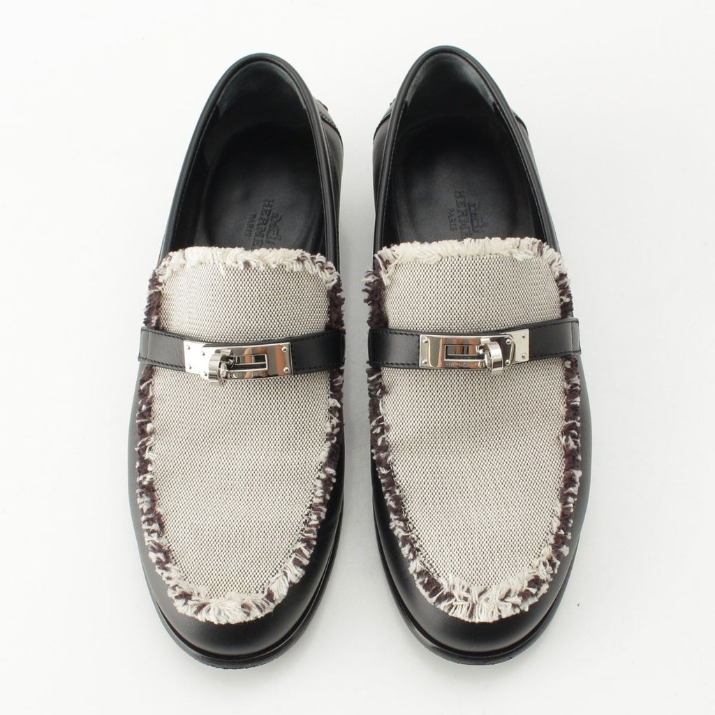 Hermes Destin Calf Leather Toile Ash Fringe Prue Noir Kelly Loafers Shoes — view 2