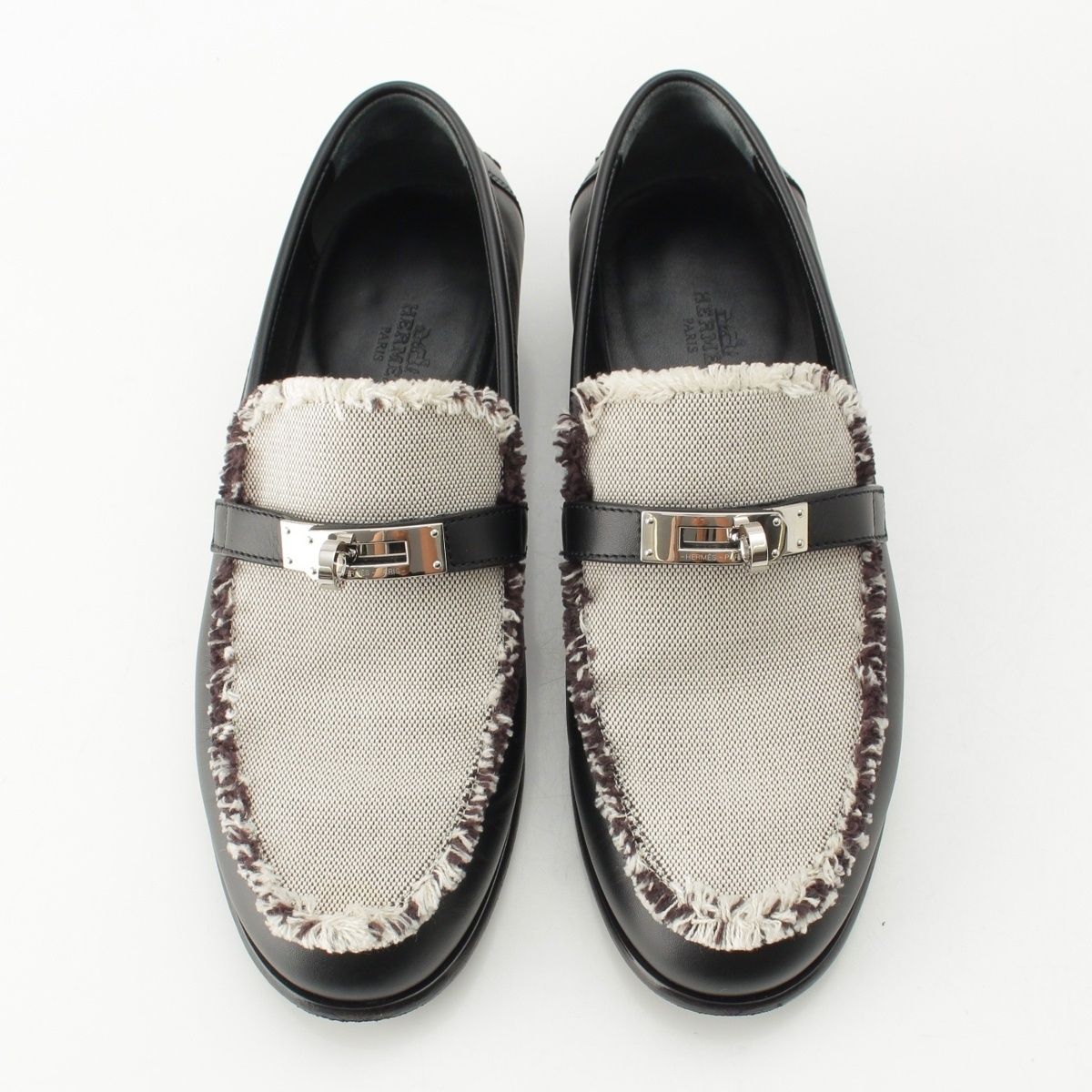 Hermes Destin Calf Leather Toile Ash Fringe Prue Noir Kelly Loafers Shoes — view 2