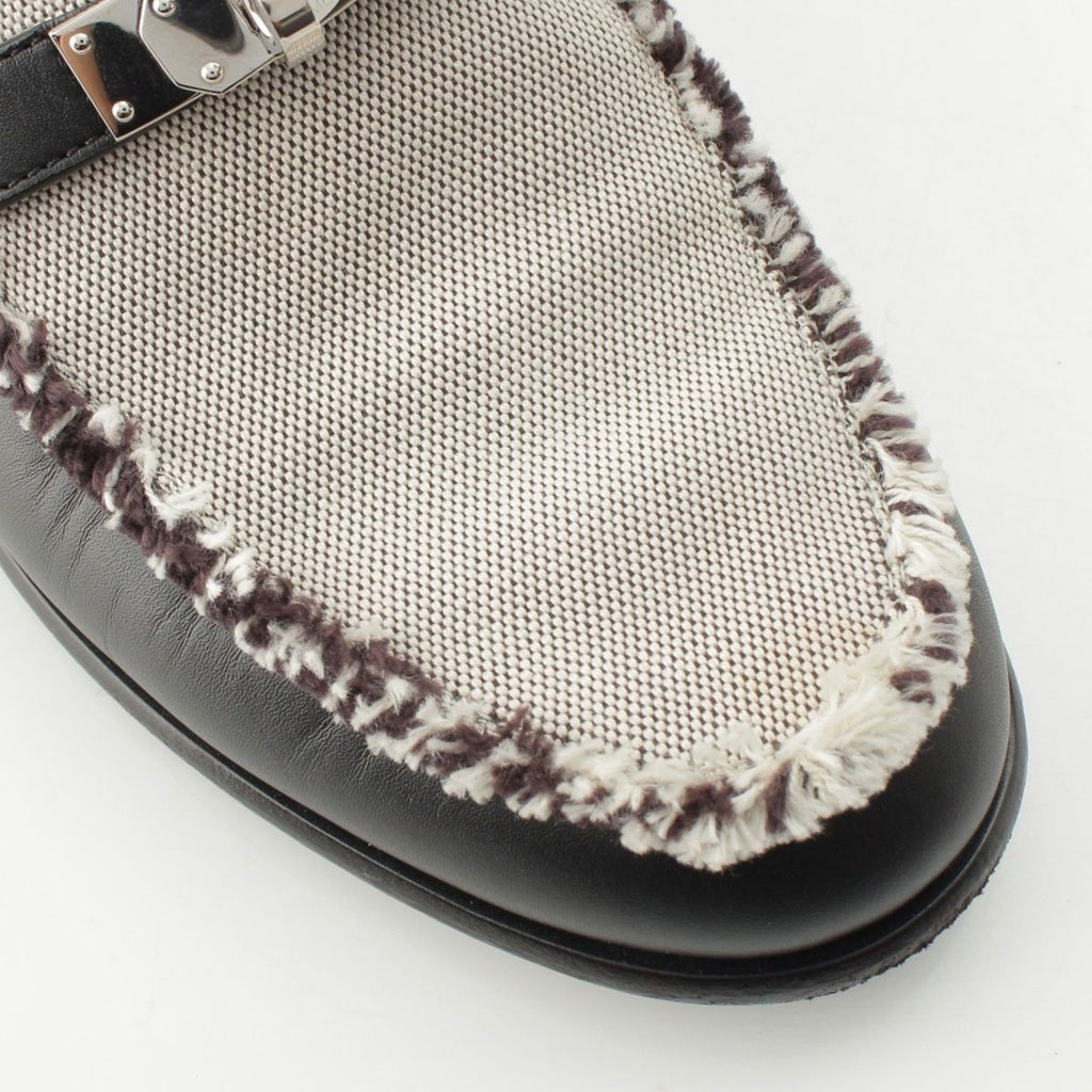 Hermes Destin Calf Leather Toile Ash Fringe Prue Noir Kelly Loafers Shoes — view 6