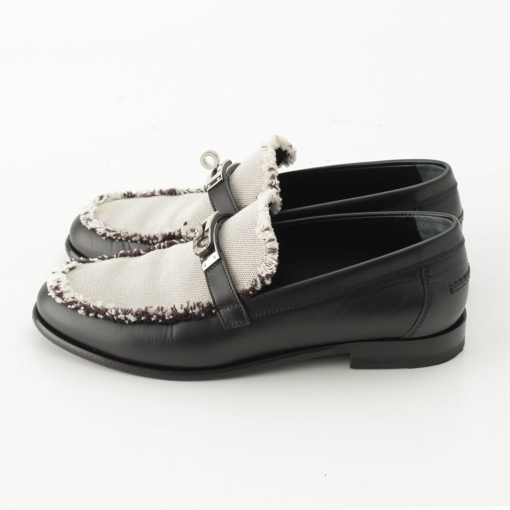 Hermes Destin Calf Leather Toile Ash Fringe Prue Noir Kelly Loafers Shoes — view 3