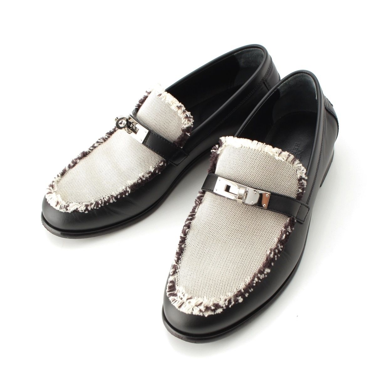 Hermes Destin Calf Leather Toile Ash Fringe Prue Noir Kelly Loafers Shoes