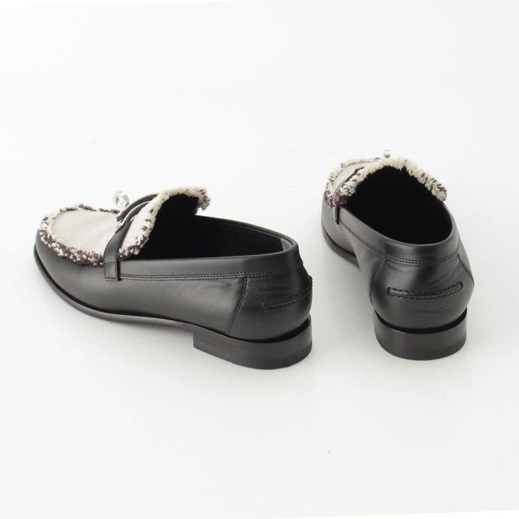 Hermes Destin Calf Leather Toile Ash Fringe Prue Noir Kelly Loafers Shoes — view 4