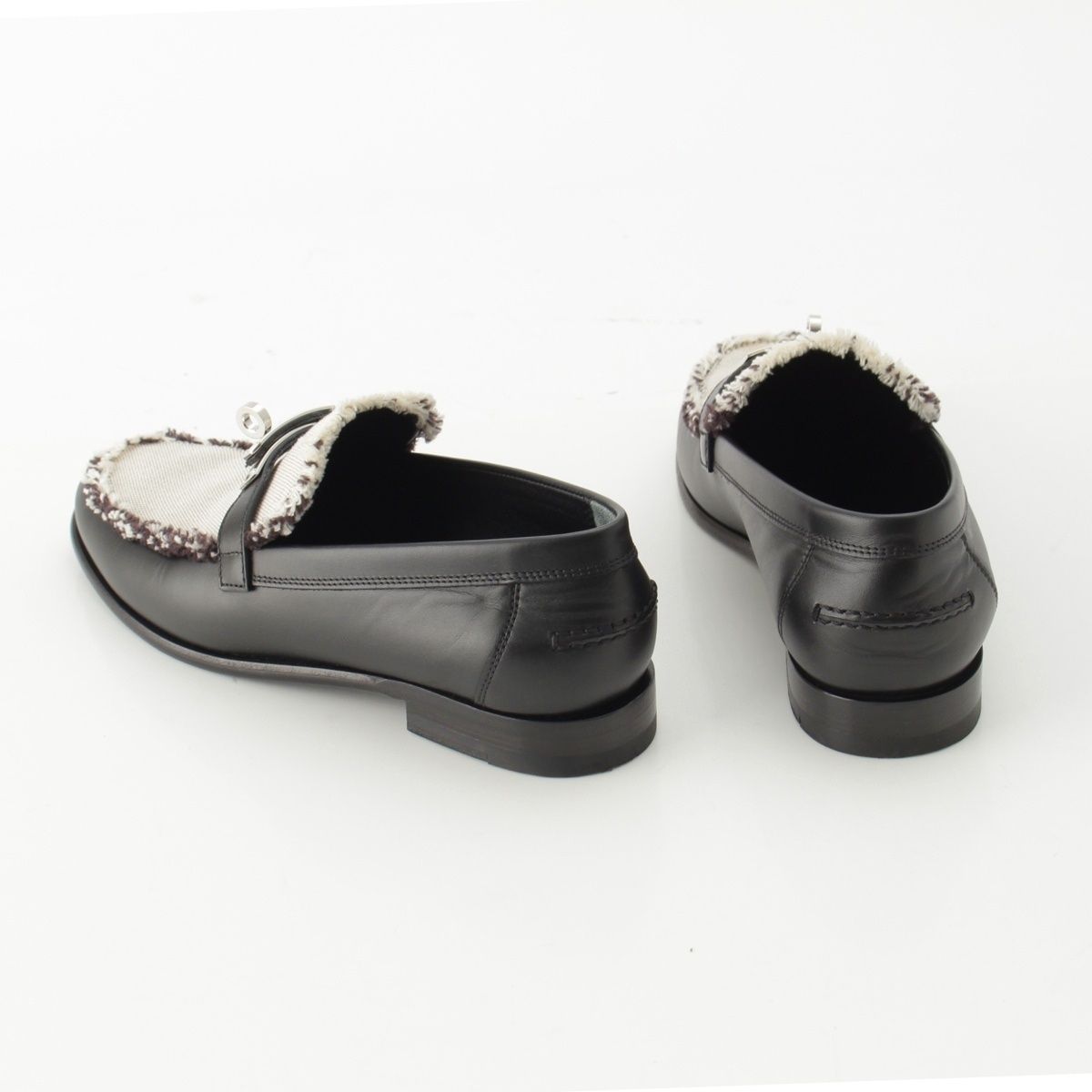 Hermes Destin Calf Leather Toile Ash Fringe Prue Noir Kelly Loafers Shoes — view 4